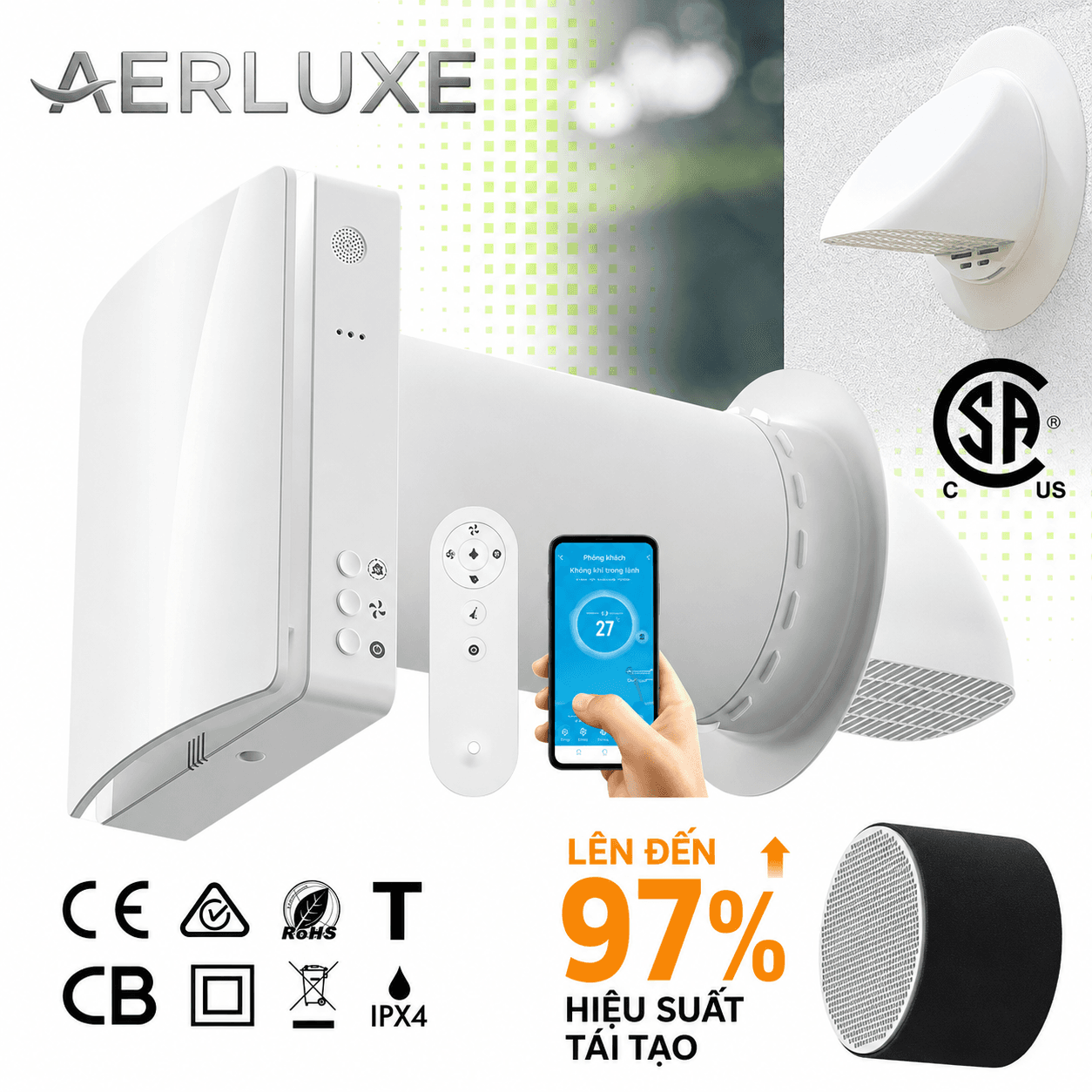 Máy cấp khí tươi thu hồi nhiệt Aerluxe model Eco-Pair Plus ERV; 50 m3/ giờ